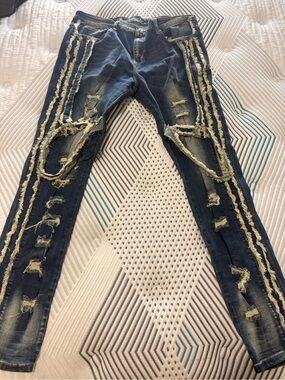 Men's Skinny Distressed Dark Blue Denim Jeans - Ripped Detail